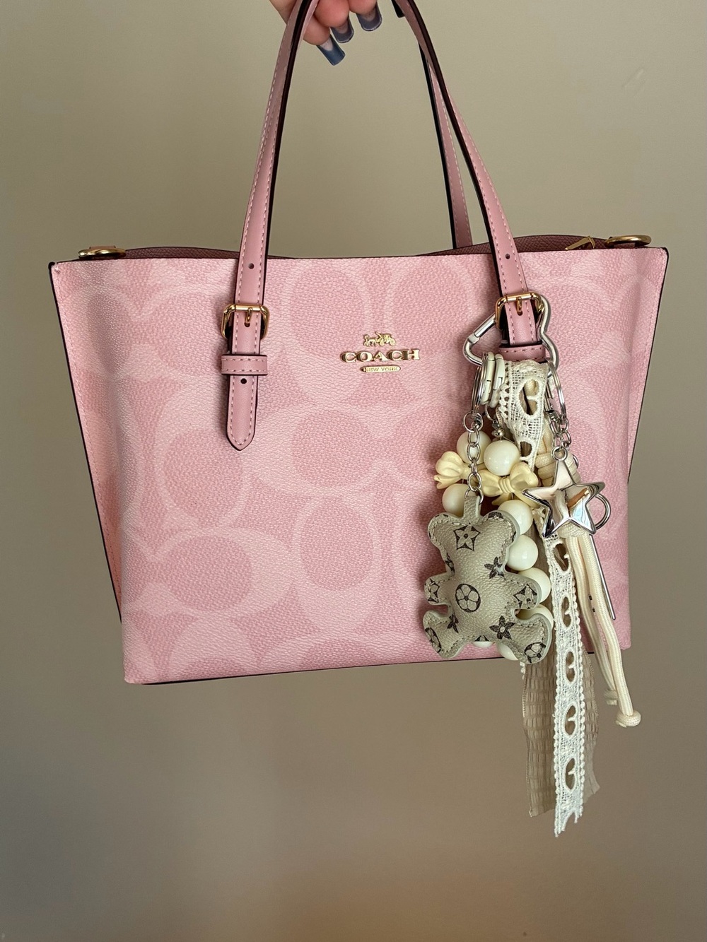 Beige Teddy Bear Lace & Bead Tassel Keychain Bag Charm